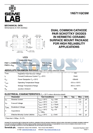 1N5711QCSM datasheet - DUAL COMMON CATHODE