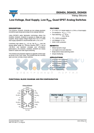 DG9424DQ datasheet - Low-Voltage, Dual Supply, Low RON, Quad SPST Analog Switches