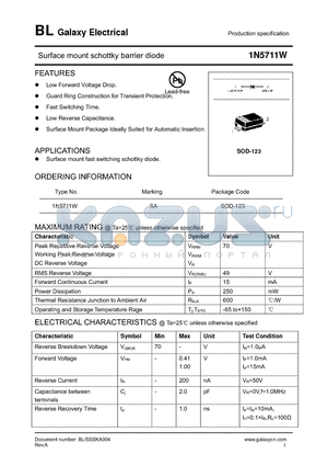 1N5711W datasheet - Surface mount schottky barrier diode