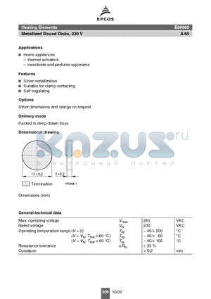 B59065A0110A010 datasheet - Heating Elements Metallized Round Disks, 230 V