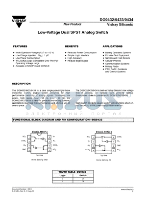 DG9432 datasheet - Low-Voltage Dual SPST Analog Switch
