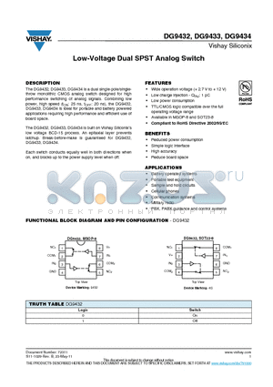 DG9432DS-T1-E3 datasheet - Low-Voltage Dual SPST Analog Switch