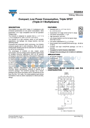 DG9454 datasheet - Compact, Low Power Consumption, Triple SPDT (Triple 2:1 Multiplexers)