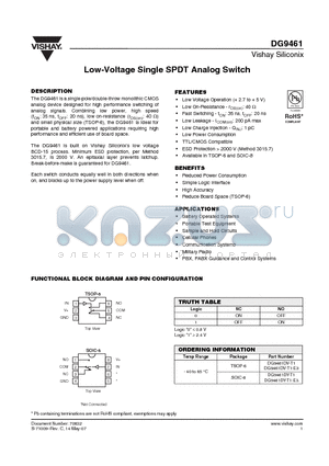 DG9461 datasheet - Low-Voltage Single SPDT Analog Switch