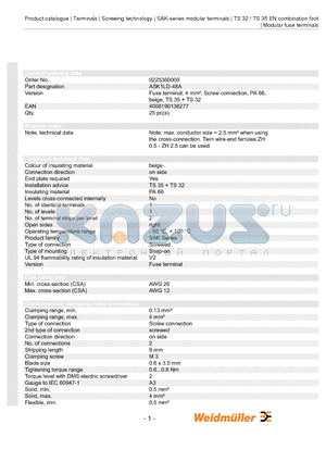 0225360000 datasheet - Fuse terminal, 4 mmb, Screw connection, PA 66, beige, TS 35  TS 32