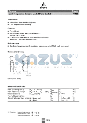 B59100C0050A070 datasheet - Sensors Limit Temperature Sensors, Leaded Disks, Coated