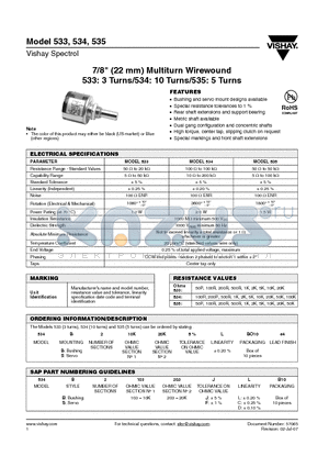 534S210K20KLBO10E4 datasheet - 7/8inch (22 mm) Multiturn Wirewound 533: 3 Turns/534: 10 Turns/535: 5 Turns