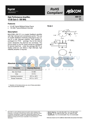 AM-131PIN datasheet - High Performance Amplifier, 10dB Gain 5 - 500 MHz