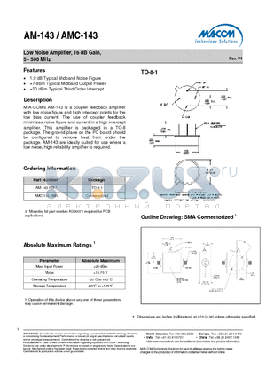 AM-143 datasheet - Low Noise Amplifier, 16 dB Gain, 5 - 500 MHz