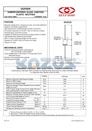 DGP30W datasheet - DAMPER SINTERED GLASS JUNCTION PLASTIC RECTIFIER VOLTAGE:1500V CURRENT: 3.0A