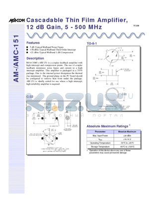 AM-151PIN datasheet - Cascadable Thin Film Amplifier, 12 dB Gain, 5 - 500 MHz