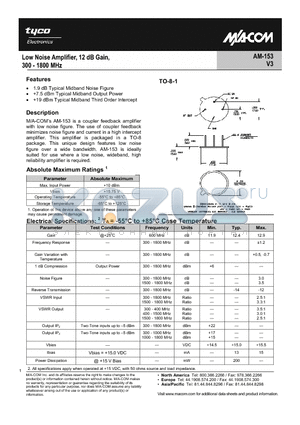 AM-153 datasheet - Low Noise Amplifier, 12 dB Gain, 300 - 1800 MHz