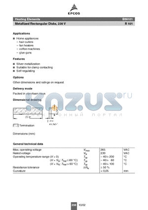 B59101R0090A010 datasheet - Heating Elements Metallized Rectangular Disks, 230 V