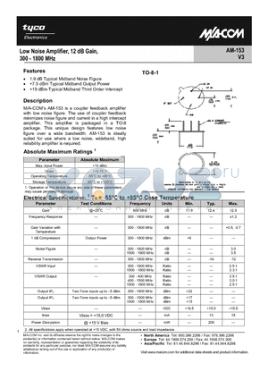 AM-153PIN datasheet - Low Noise Amplifier, 12 dB Gain, 300 - 1800 MHz