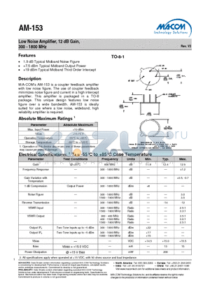 AM-153PIN datasheet - Low Noise Amplifier, 12 dB Gain, 300 - 1800 MHz