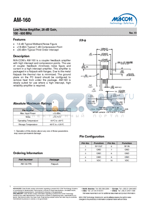 AM-160PIN datasheet - Low Noise Amplifier, 28 dB Gain, 100 - 600 MHz