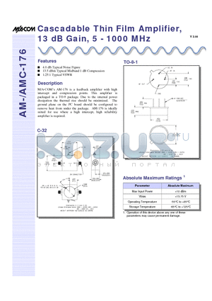 AM-176PIN datasheet - Cascadable Thin Film Amplifier, 13 dB Gain, 5 - 1000 MHz