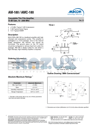 AM-180 datasheet - Cascadable Thin Film Amplifier, 10 dB Gain, 10 - 2000 MHz