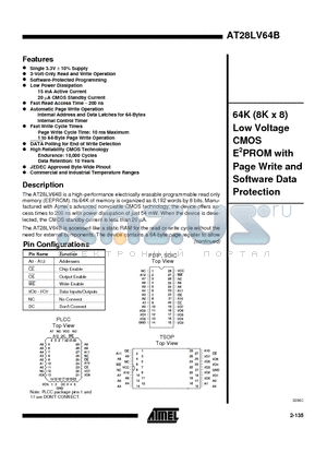 AT28LV64B-20JC datasheet - 64K 8K x 8 Low Voltage CMOS E2PROM with Page Write and Software Data Protection