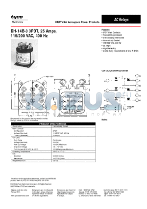 DH-14B-3 datasheet - DH-14B-3 3PDT, 25 Amps,115/200 VAC, 400 Hz