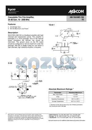 AM-184 datasheet - Cascadable Thin Film Amplifier 20 dB Gain, 10 - 2000 MHz