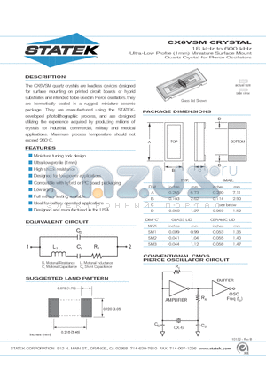 CX6VSM3 datasheet - Ultra-Low Profile (1mm) Miniature Surface Mount Quartz Crystal for Pierce Oscillators