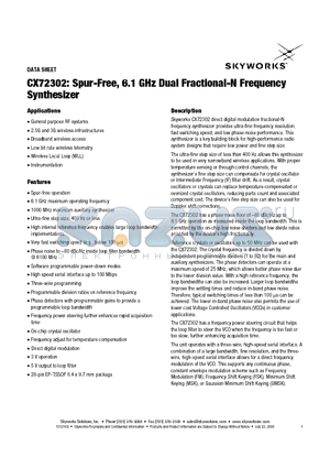 CX72302 datasheet - CX72302: Spur-Free, 6.1 GHz Dual Fractional-N Frequency Synthesizer