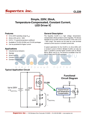 CL220 datasheet - Simple, 220V, 20mA, Temperature-Compensated, Constant Current, LED Driver IC