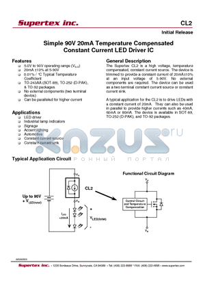 CL2K4 datasheet - Simple 90V 20mA Temperature Compensated Constant Current LED Driver IC