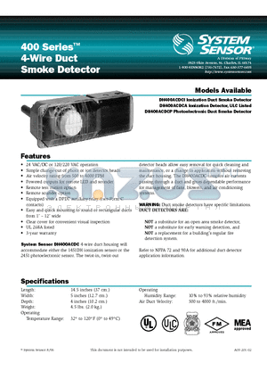 DH400ACDCA datasheet - 4-Wire Duct Smoke Detector