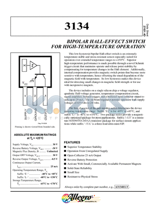 A3134LT datasheet - BIPOLAR HALL-EFFECT SWITCH FOR HIGH-TEMPERATURE OPERATION