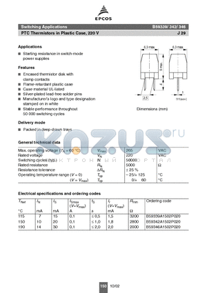 B59342A1502P020 datasheet - PTC Thermistors in Plastic Case, 220 V