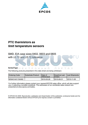 B59401A0115A062 datasheet - PTC thermistors as limit temperature sensors