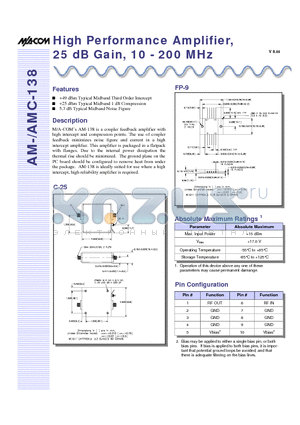 AM-AMC-138 datasheet - High Performance Amplifier, 25 dB Gain, 10 - 200 MHz