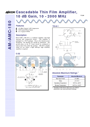 AM-AMC-180 datasheet - Cascadable Thin Film Amplifier, 10 dB Gain, 10 - 2000 MHz