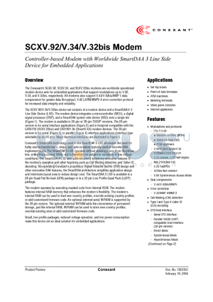 CX86500 datasheet - SCXV.92/V.34/V.32bis Modem / Controller-based Modem with Worldwide SmartDAA 3 Line Side Device for Embedded Applications