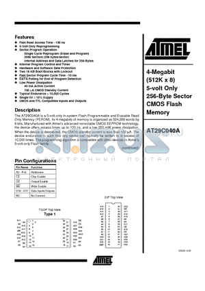 AT29C040A-10PC datasheet - 4-Megabit 512K x 8 5-volt Only 256-Byte Sector CMOS Flash Memory