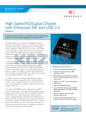 CX94410 datasheet - High Speed ADSLplus Chipset with Enhanced INP and USB 2.0