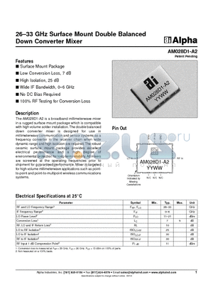 AM028D1-A2 datasheet - 26-33 GHz Surface Mount Double Balanced Down Converter Mixer