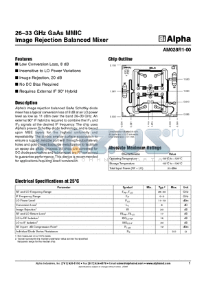 AM028R1-00 datasheet - 26-33 GHz GaAs MMIC Image Rejection Balanced Mixer