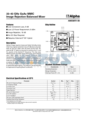 AM038R1-00 datasheet - 33-43 GHz GaAs MMIC Image Rejection Balanced Mixer