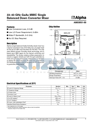 AM038S1-00 datasheet - 33-43 GHz GaAs MMIC Single Balanced Down Converter Mixer