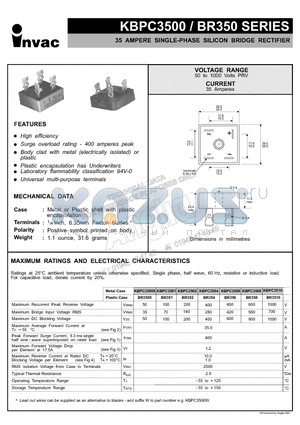 BR3504 datasheet - 35 AMPERE SINGLE-PHASE SILICON BRIDGE RECTIFIER