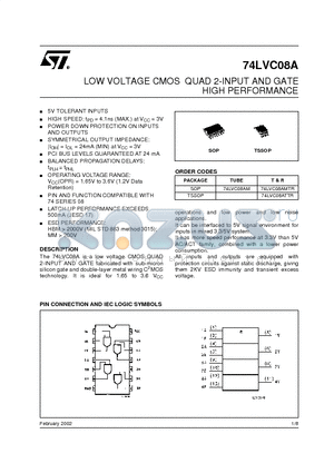 74LVC08A datasheet - LOW VOLTAGE CMOS QUAD 2-INPUT AND GATE HIGH PERFORMANCE