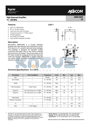 AM05-0006-TB datasheet - High Intercept Amplifier, 15-100 MHz