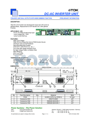 CXA-0231 datasheet - DC-AC INVERTER UNIT 8W DUAL OUTPUTS WITH WIDE DIMMING FUNCTION