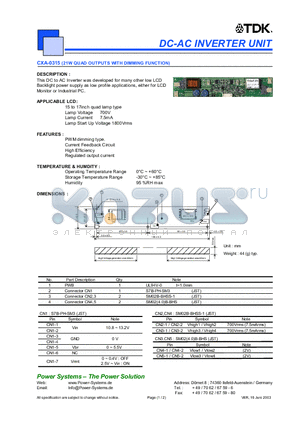 CXA-0315 datasheet - DC-AC INVERTER UNIT 21W QUAD OUTPUTS WITH DIMMING FUNCTION