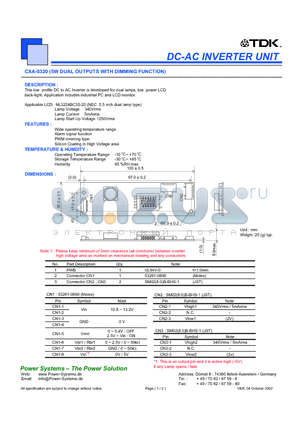 CXA-0320 datasheet - DC-AC INVERTER UNIT 5W DUAL OUTPUTS WITH DIMMING FUNCTION