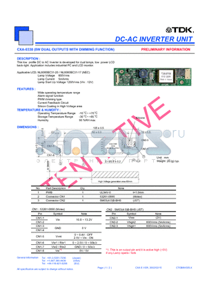 CXA-0338 datasheet - DC-AC INVERTER UNIT 8W DUAL OUTPUTS WITH DIMMING FUNCTION