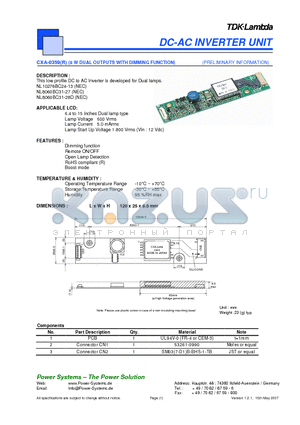 CXA-0359 datasheet - DC-AC INVERTER UNIT 8 W DUAL OUTPUTS WITH DIMMING FUNCTION